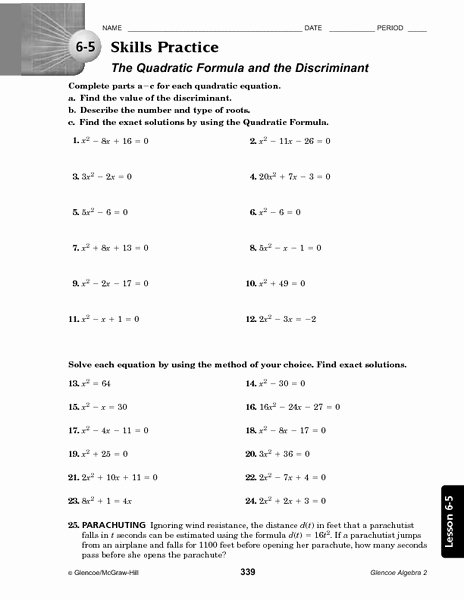 Quadratic Equation Worksheet with Answers Beautiful 6 5 Skills Practice the Quadratic formula and