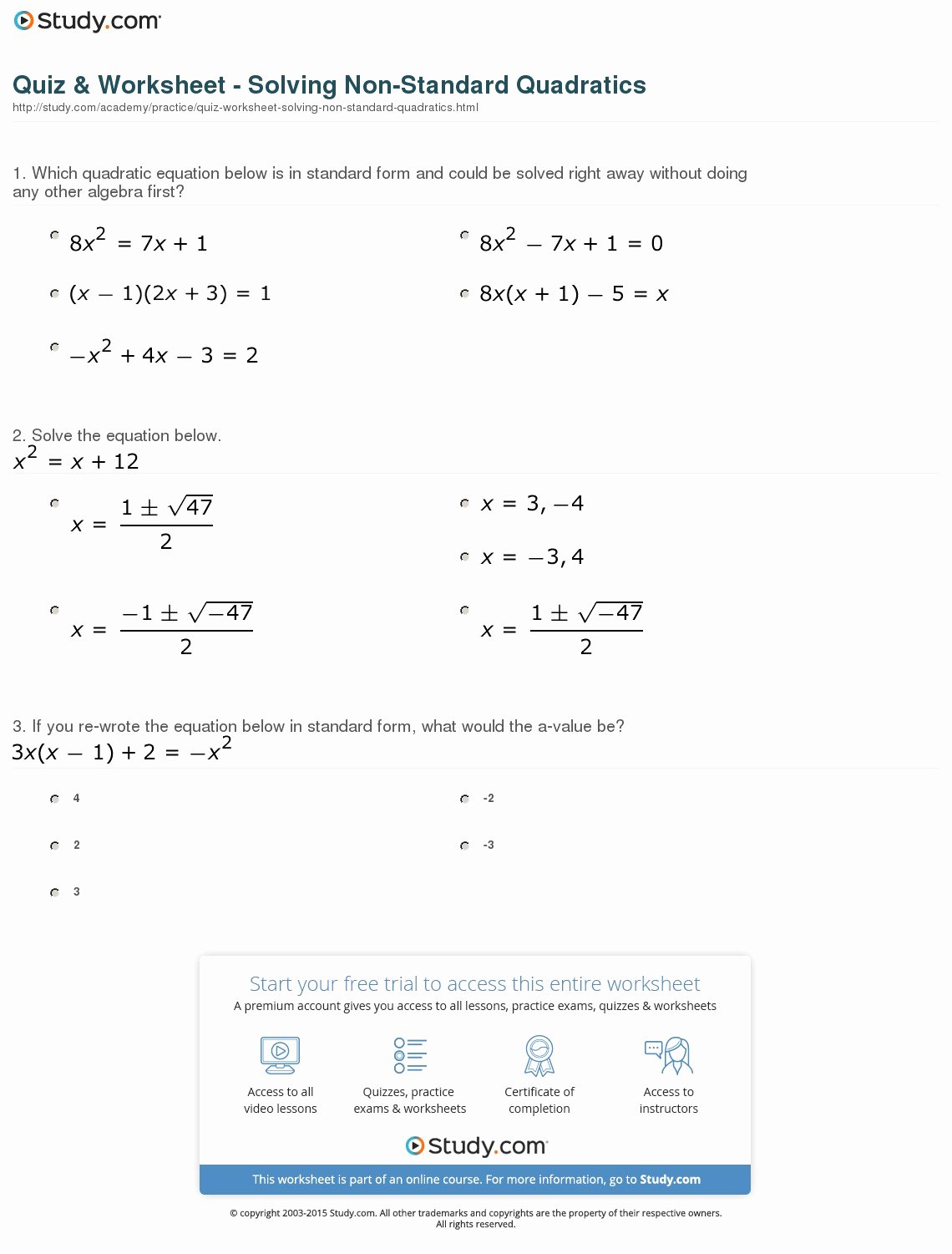 Quadratic Equation Worksheet with Answers Elegant Quiz &amp; Worksheet solving Non Standard Quadratics