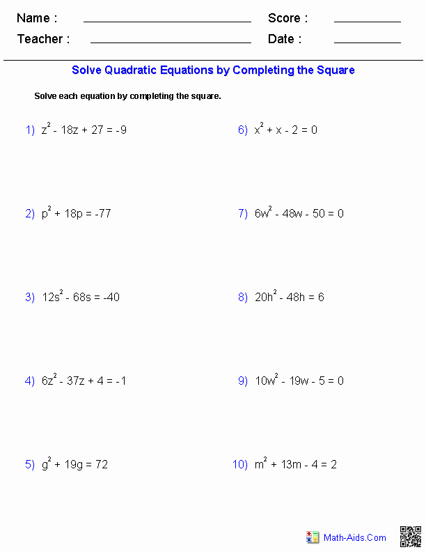 50 Quadratic Equation Worksheet With Answers