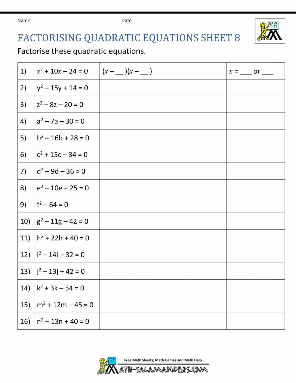 Quadratic Equation Worksheet with Answers Inspirational Factoring Quadratic Equations