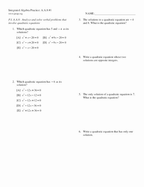 Quadratic Equations Word Problems Worksheet Best Of Integrated Algebra Practice A A 8 1 Quadratic Word