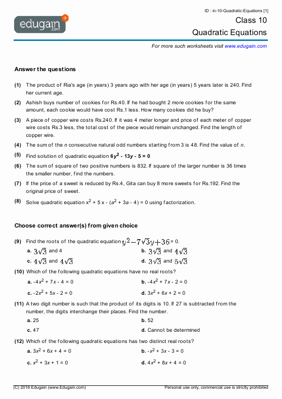 Quadratic Equations Word Problems Worksheet Fresh Grade 10 Math Worksheets and Problems Quadratic Equations