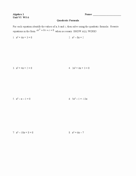 Quadratic Equations Word Problems Worksheet New solving Quadratic Using Quadratic formula Worksheet