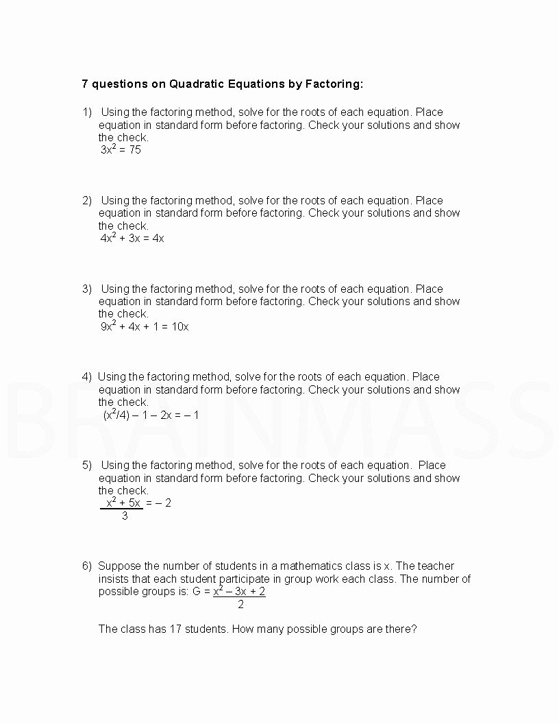 Quadratic formula Worksheet with Answers Beautiful Algebra 2 solving Quadratic Equations by Factoring