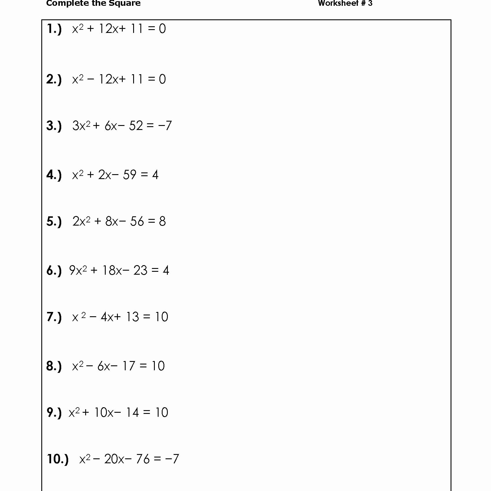 Quadratic formula Worksheet with Answers Elegant solve Quadratic Equations by Peting the Square Worksheets