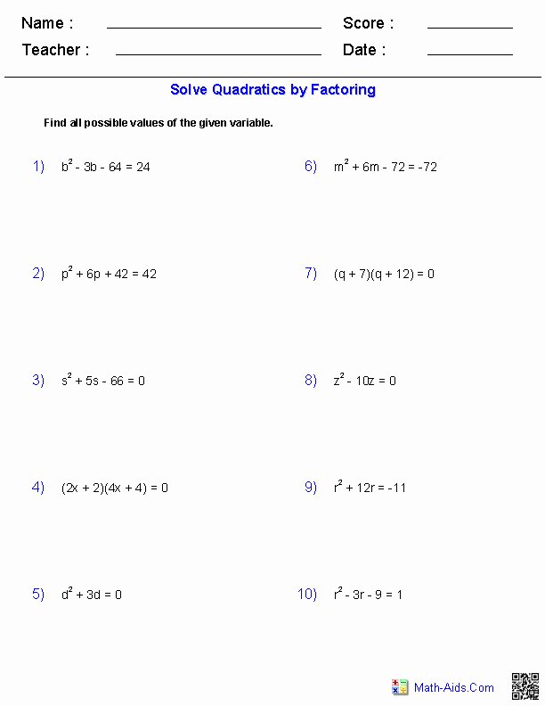 Quadratic formula Worksheet with Answers Lovely solving Quadratic Equations by Factoring Worksheet Answers
