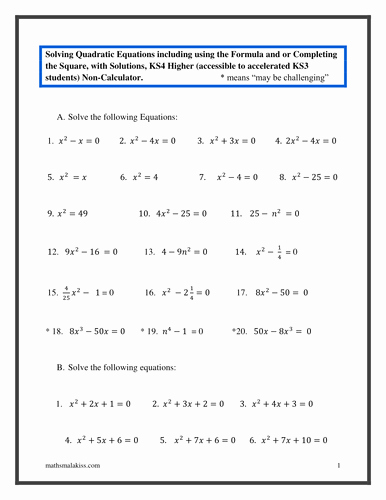 Quadratic Functions Worksheet Answers Best Of Quadratic Equations Ks4 Higher with solutions by