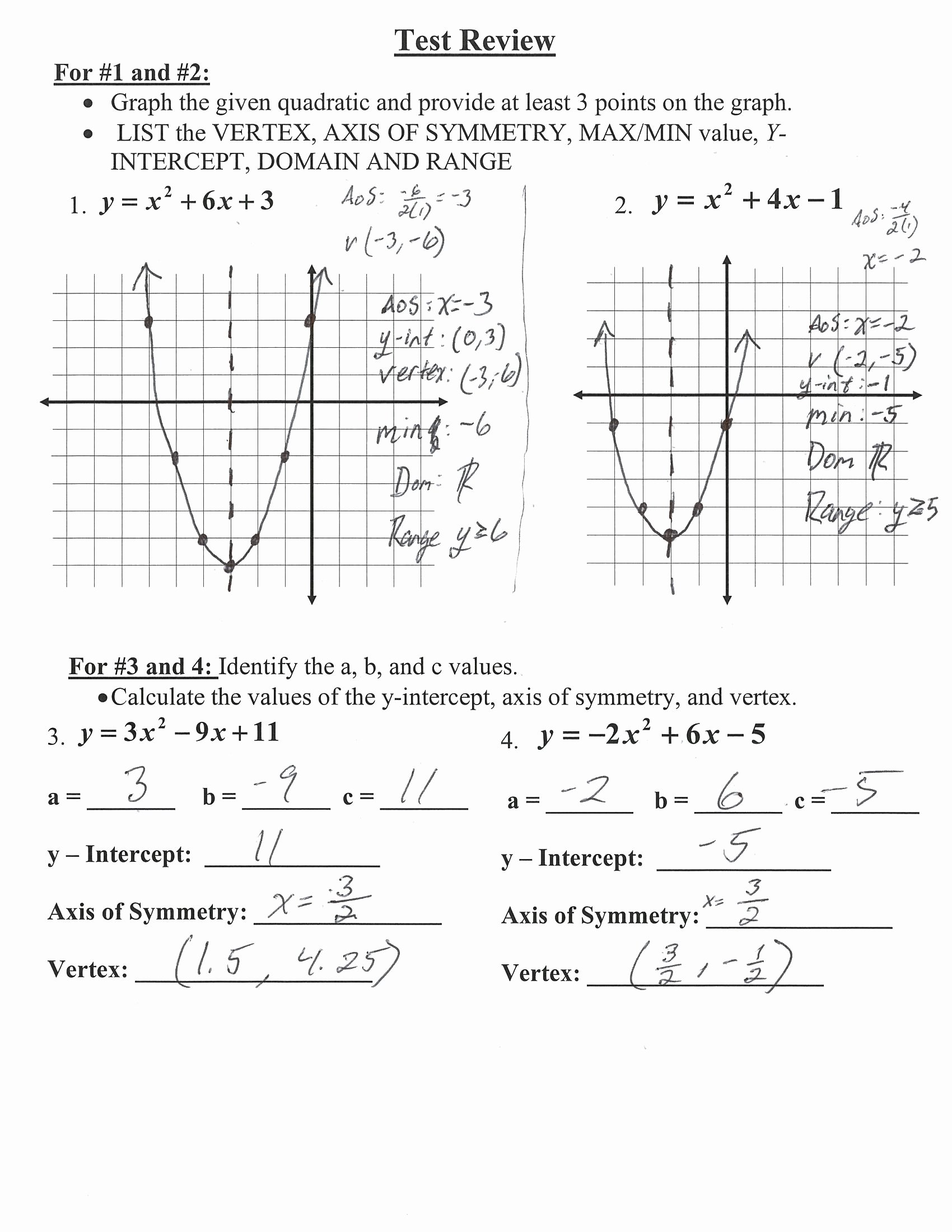 Quadratic Functions Worksheet with Answers Inspirational Algebra 1 Quadratic Test Review Answer Key