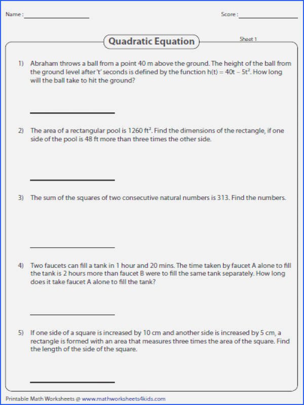 50 Quadratic Word Problems Worksheet Chessmuseum Template Library