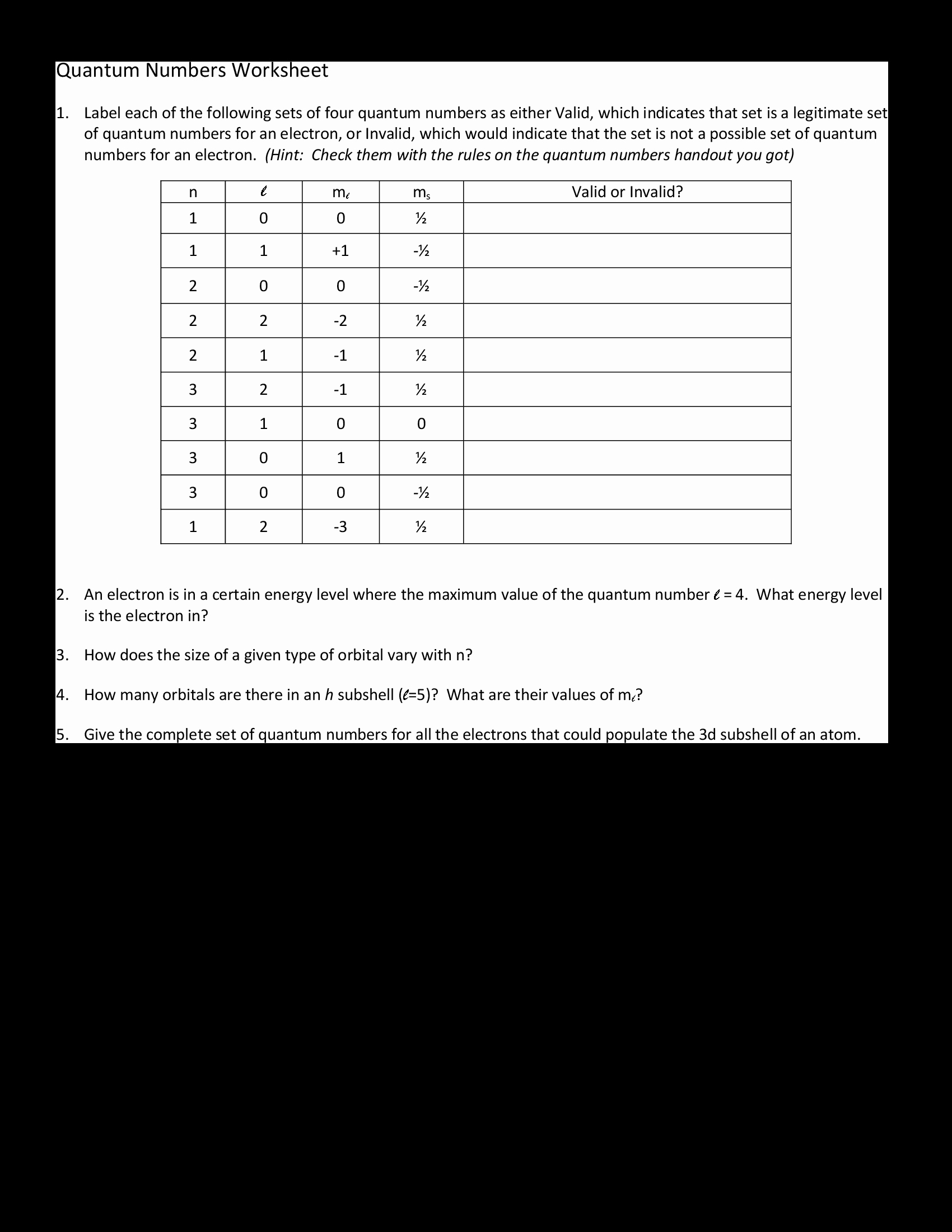 Quantum Numbers Practice Worksheet New Chemistry Archive December 06 2013