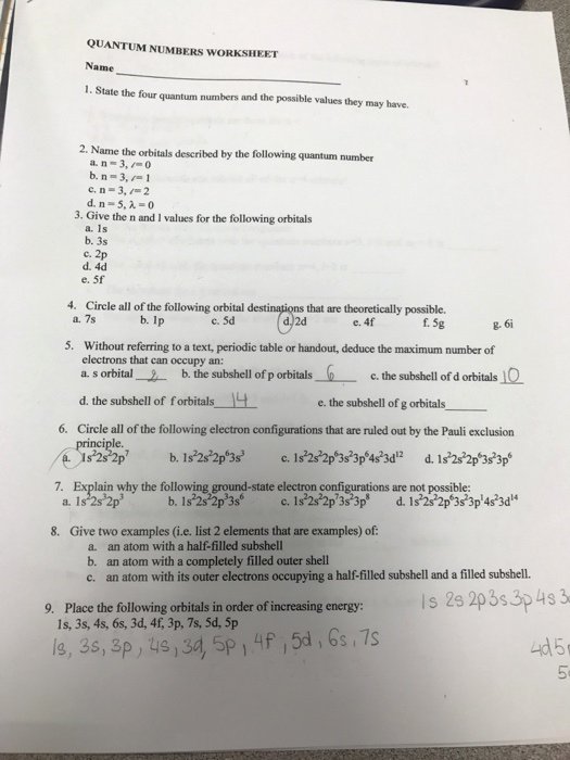 Quantum Numbers Worksheet Answers Best Of solved Quantum Numbers Worksheet Name 1 State the Four Q