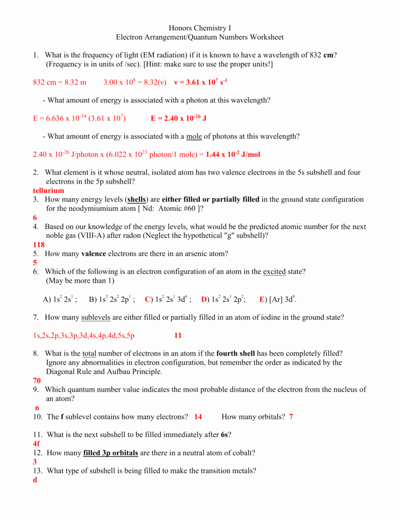 Quantum Numbers Worksheet Answers Inspirational Quantum &amp; Electron Config Ps Answer Key