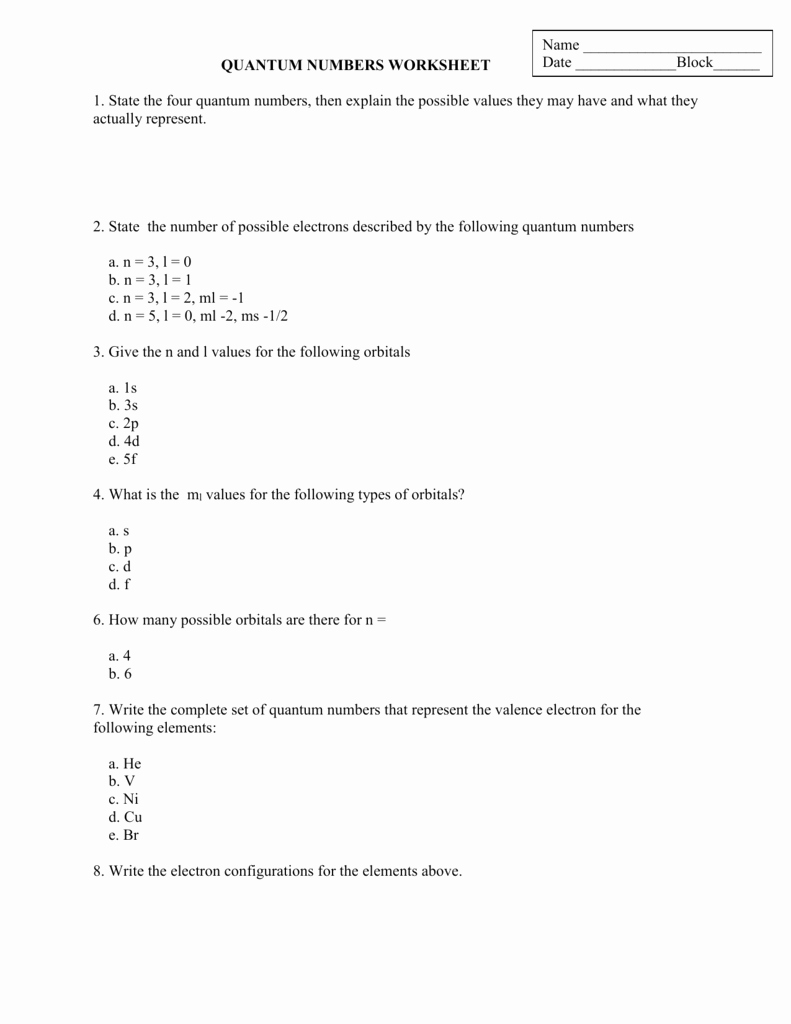 Quantum Numbers Worksheet Answers Inspirational Quantum Numbers Worksheet