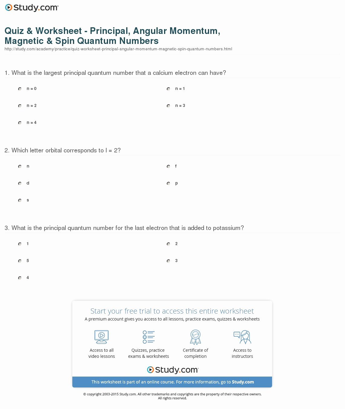 Quantum Numbers Worksheet Answers Inspirational Quiz &amp; Worksheet Principal Angular Momentum Magnetic