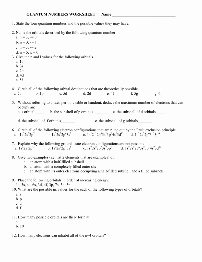 Quantum Numbers Worksheet Answers Lovely Quantum Numbers Worksheet