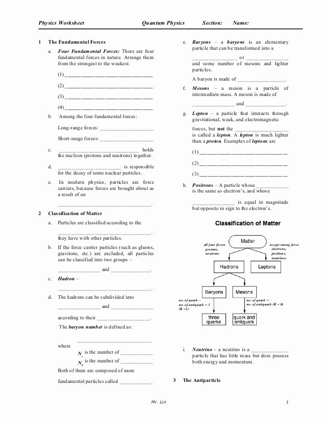 Quantum Numbers Worksheet Answers Luxury Physics Worksheet Lesson 30 Standard Model 1