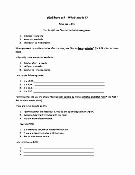 Que Hora Es Worksheet Lovely Spanish Telling Time ¿qué Hora Es Notes Sheet and