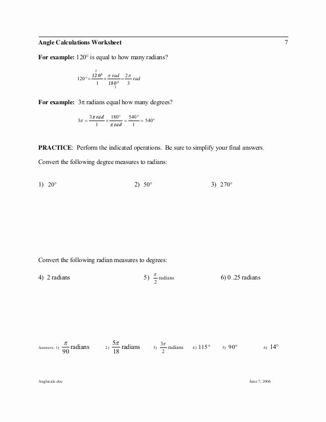 Radians to Degrees Worksheet New Anglecalc