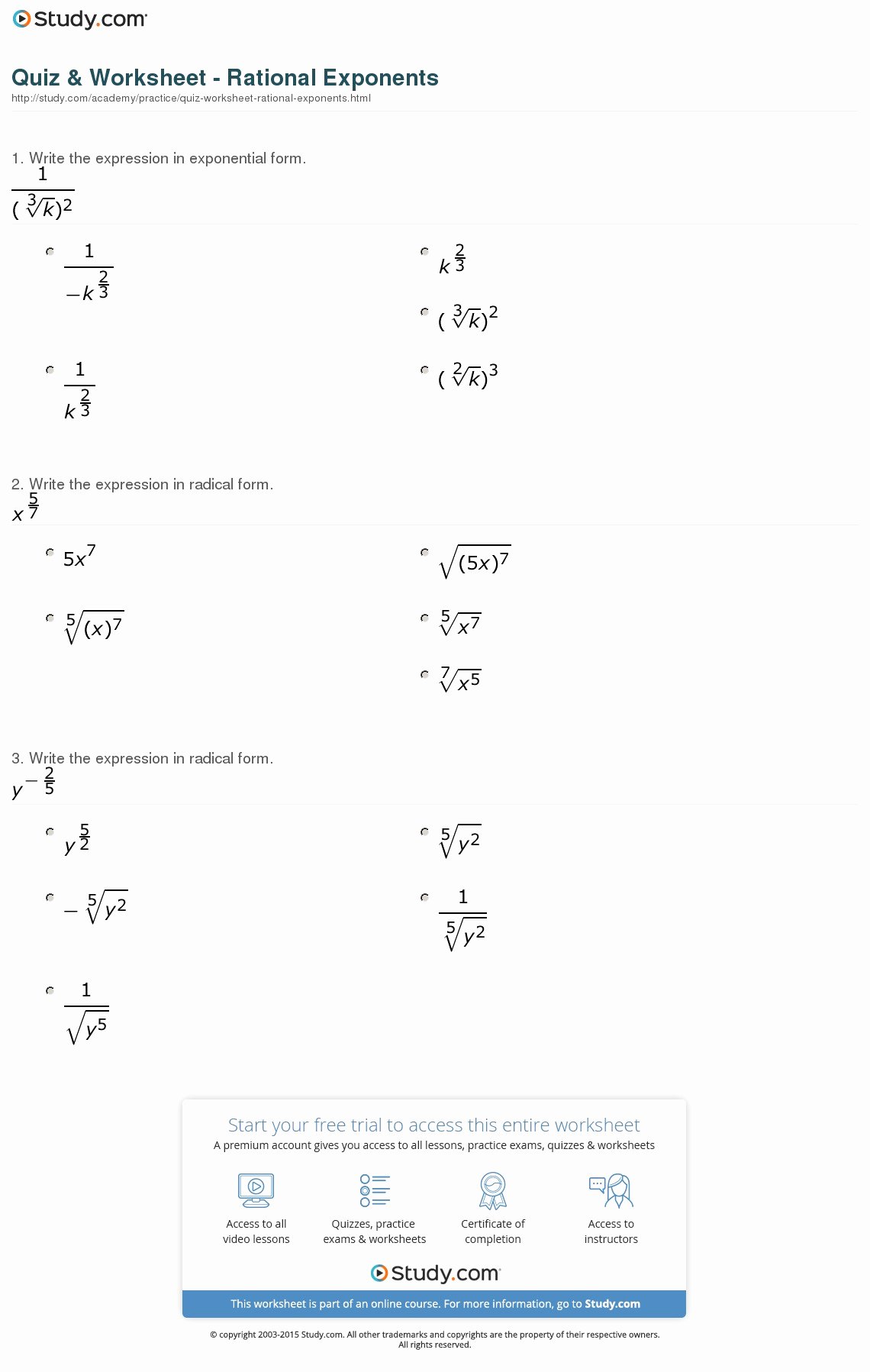 Radicals and Rational Exponents Worksheet Inspirational Quiz &amp; Worksheet Rational Exponents