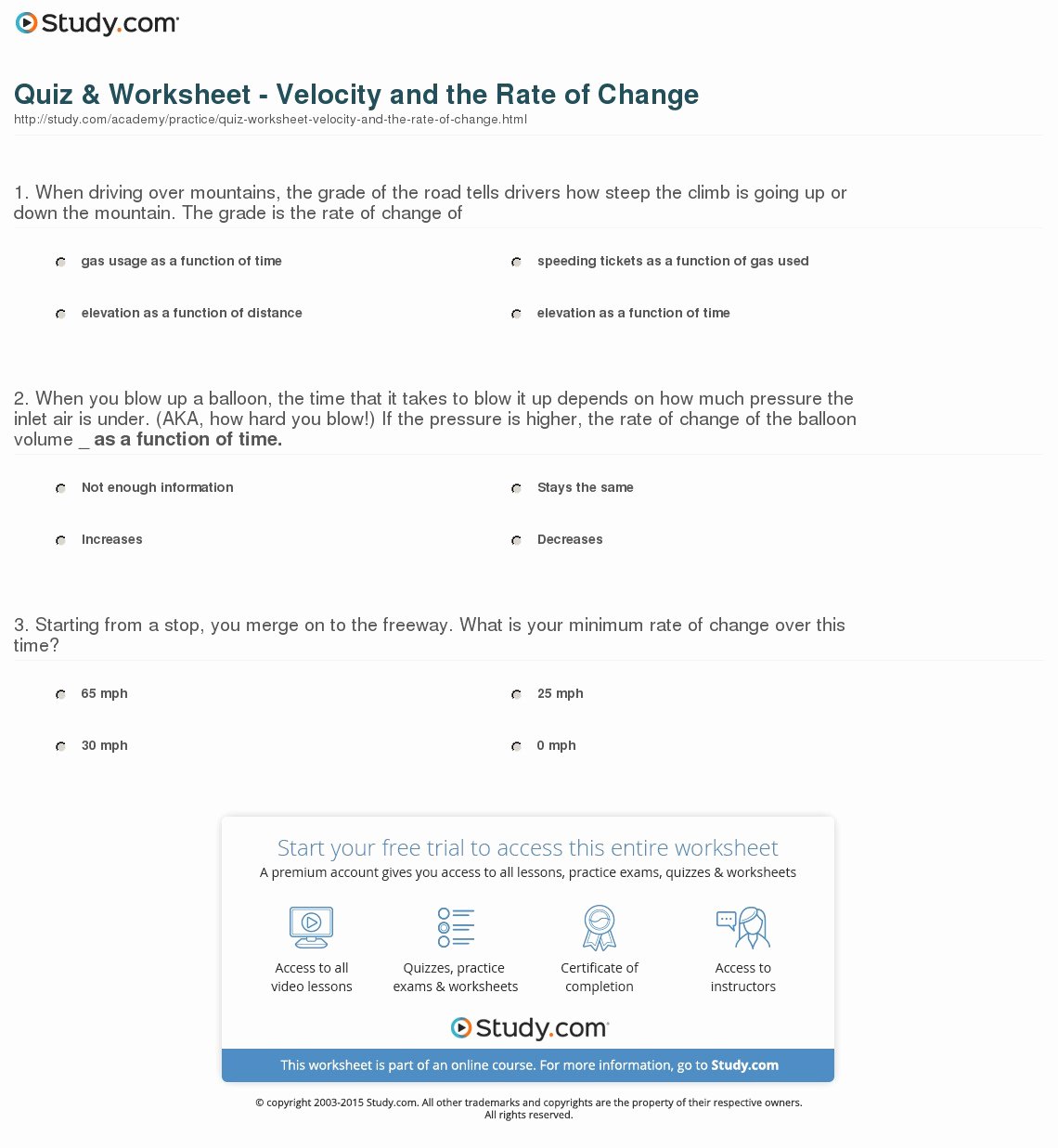 Rate Of Change Worksheet Fresh Quiz &amp; Worksheet Velocity and the Rate Of Change