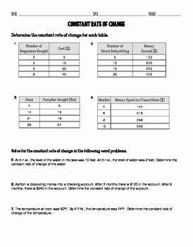 Rate Of Change Worksheet Luxury Constant Rate Of Change Tables and Word Problems by