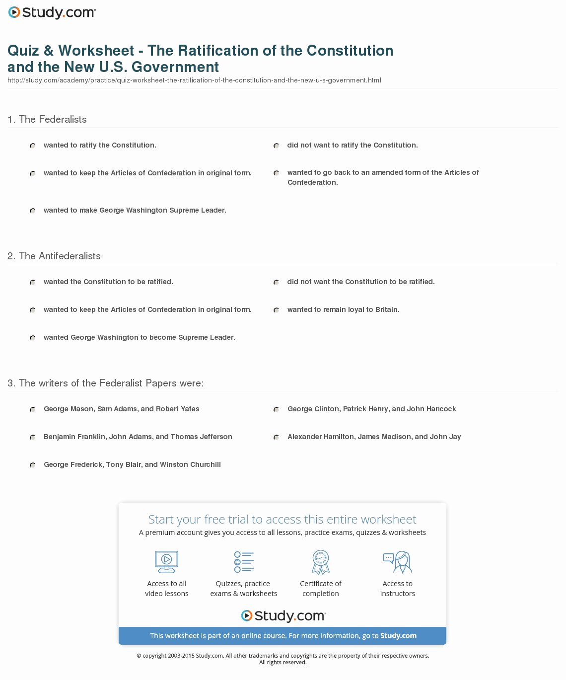 Ratifying the Constitution Worksheet Answers Beautiful Quiz &amp; Worksheet the Ratification Of the Constitution