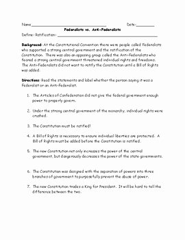 Ratifying the Constitution Worksheet Answers Best Of Federalists Vs Anti Federalists Identification Worksheet