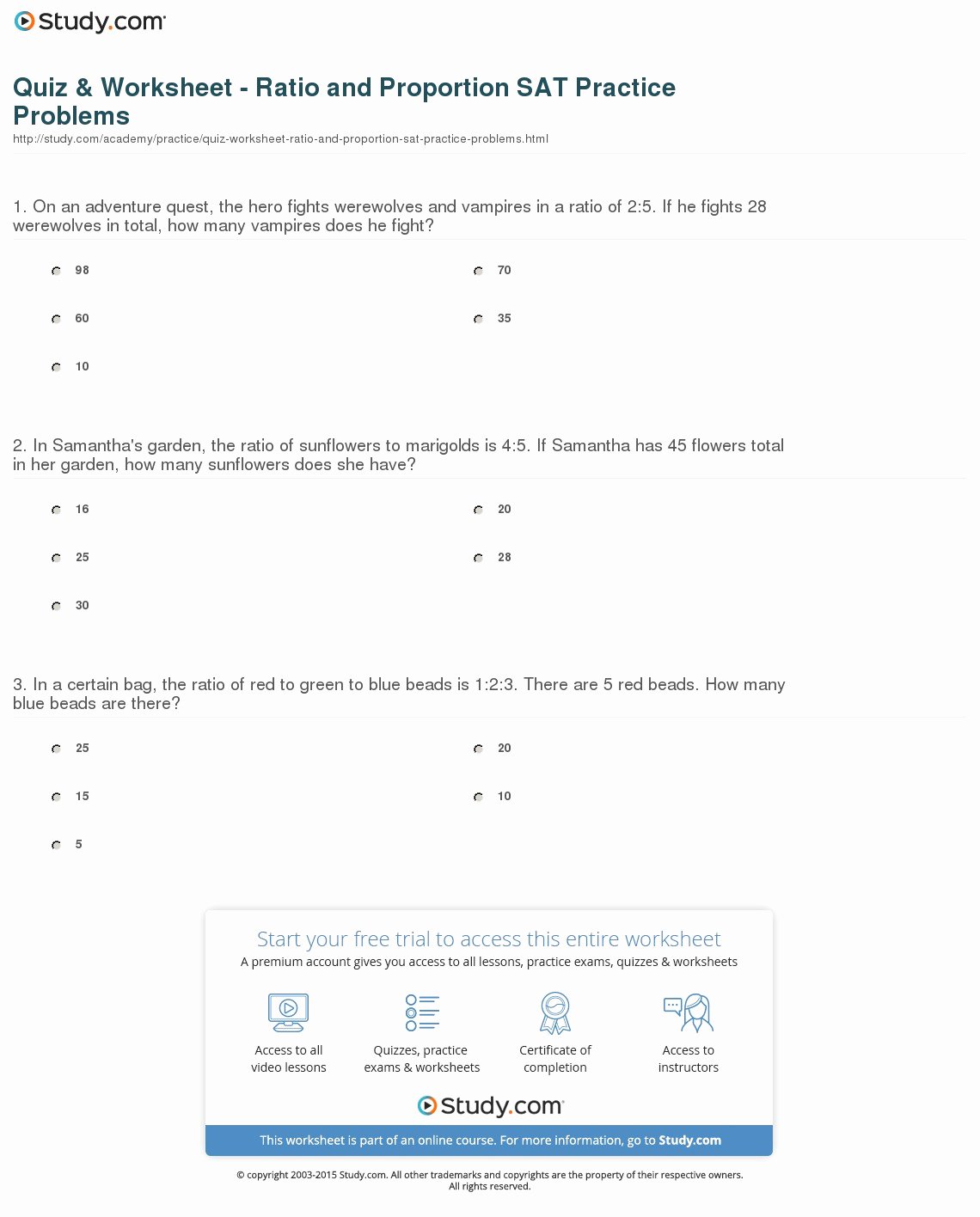 Ratio and Proportion Worksheet Luxury Quiz &amp; Worksheet Ratio and Proportion Sat Practice