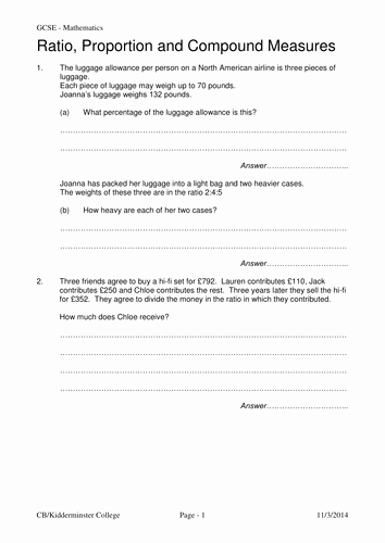 Ratio and Proportion Worksheet New Maths Ratio and Proportion Worksheet by Colinbillett