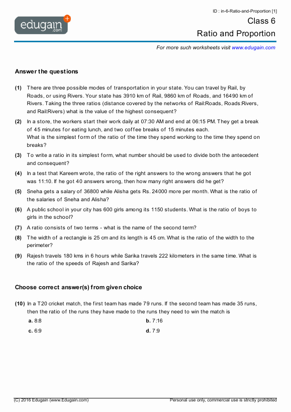 Ratio and Proportion Worksheet Pdf New Grade 6 Math Worksheets and Problems Ratio and Proportion