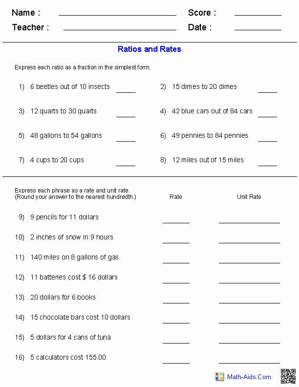 Ratio and Proportion Worksheet Unique Ratios and Rates Worksheets Math Aids