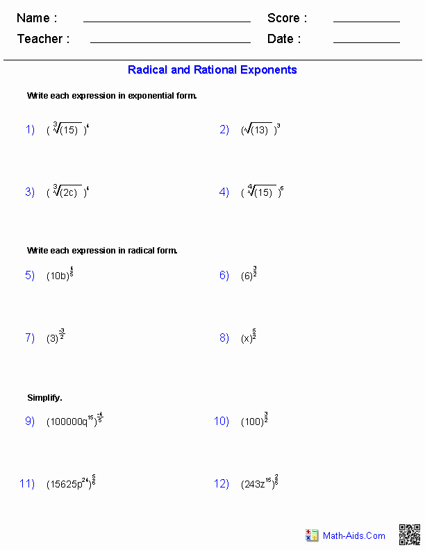 Rational Exponents and Radicals Worksheet Awesome Algebra 2 Worksheets