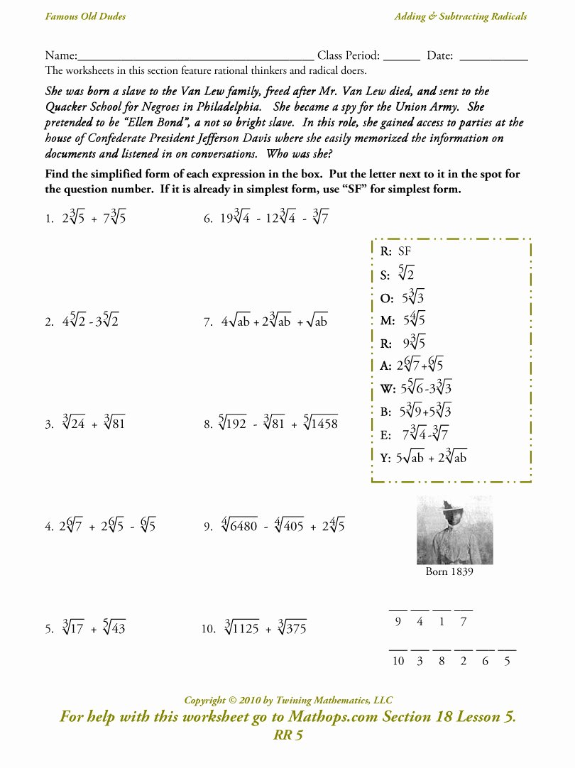Rational Exponents and Radicals Worksheet Beautiful Rr 5 Adding and Subtracting Radicals Mathops
