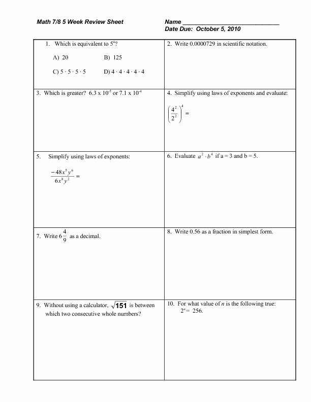 Rational Exponents and Radicals Worksheet Inspirational Math 7 8 Week Review Sheet Exponents Radicals Rational