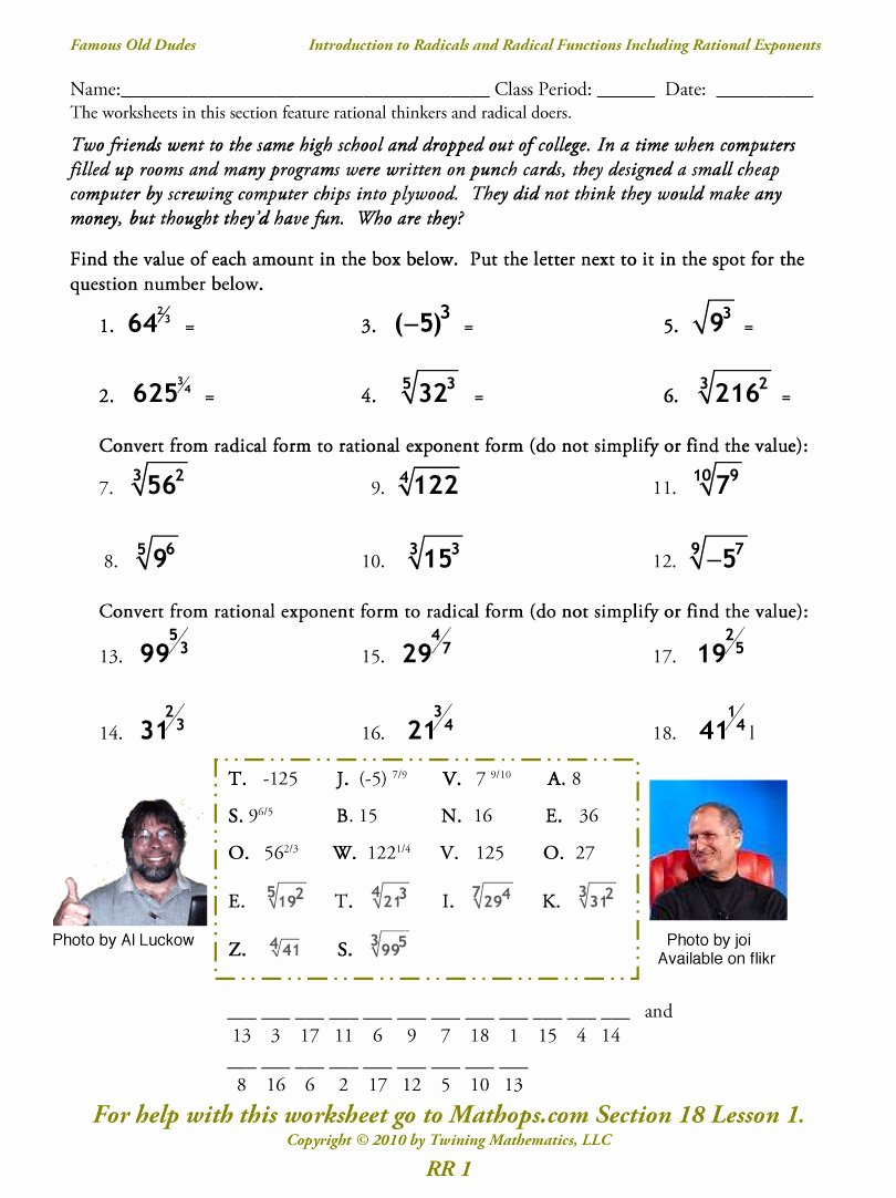 Rational Exponents and Radicals Worksheet Lovely Rr 1 Introduction to Radicals and Radical Functions