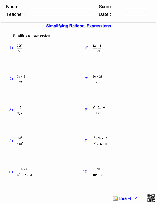 Rational Expressions Worksheet Answers Elegant Algebra 2 Worksheets