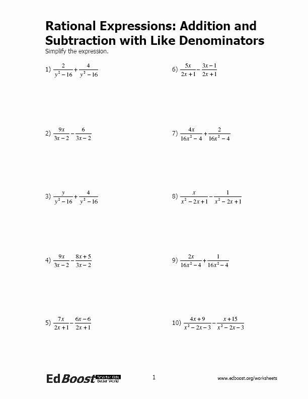 Rational Expressions Worksheet Answers Luxury Rational Expressions Addition and Subtraction with Like
