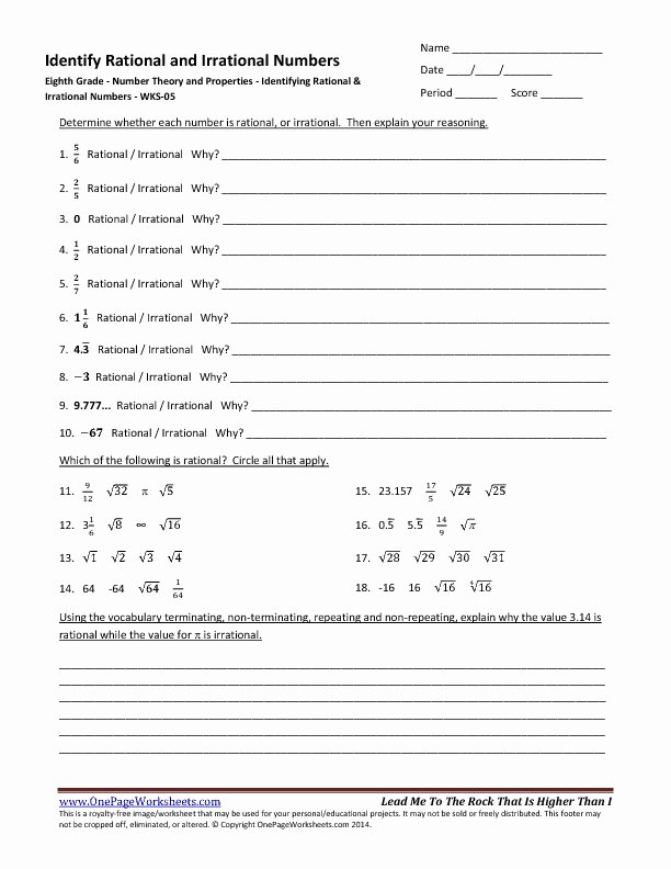 Rational Irrational Numbers Worksheet Elegant Identifying Rational and Irrational Numbers Worksheets