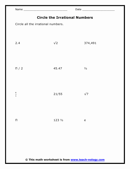 Rational Irrational Numbers Worksheet Inspirational Circle the Irrational Numbers