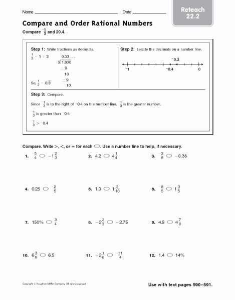 Rational Irrational Numbers Worksheet Lovely Pare and order Rational Numbers Reteach 22 2