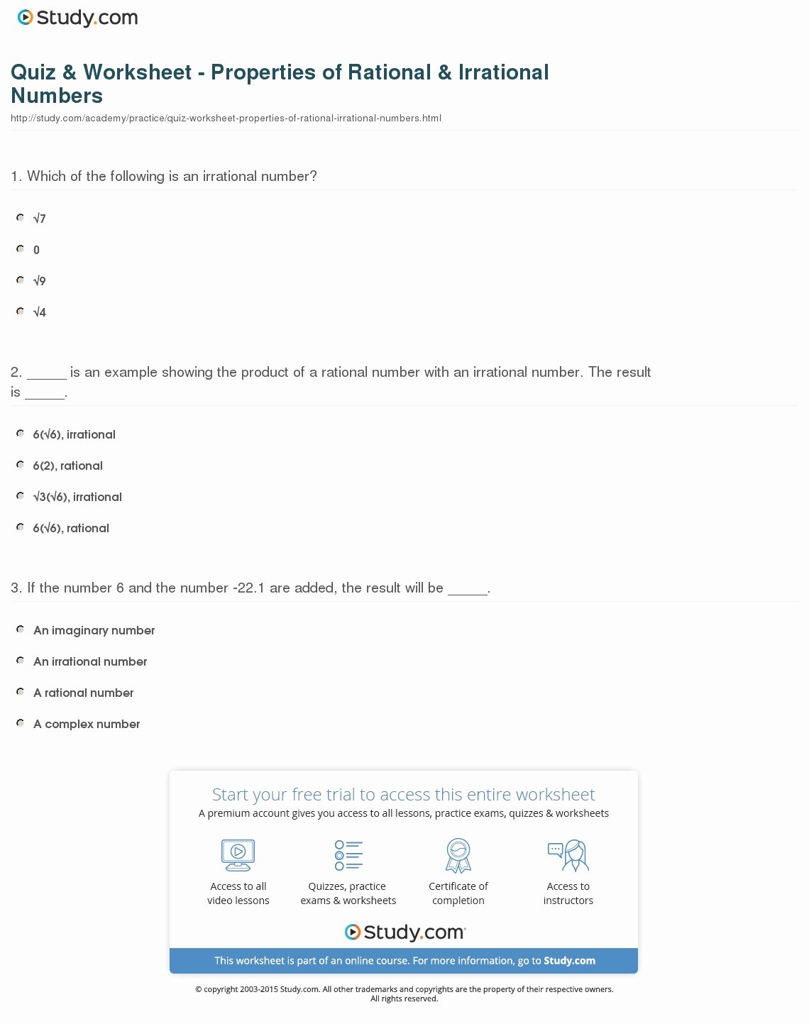 Rational Irrational Numbers Worksheet Lovely Quiz &amp; Worksheet Properties Of Rational &amp; Irrational