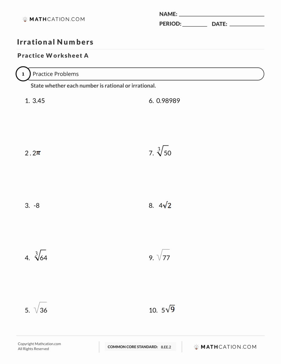 50 Rational Irrational Numbers Worksheet