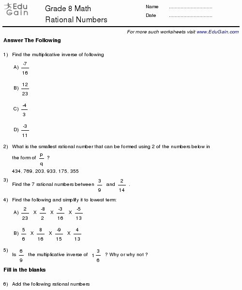 Rational Irrational Numbers Worksheet New Class 8 Rational Numbers Worksheets