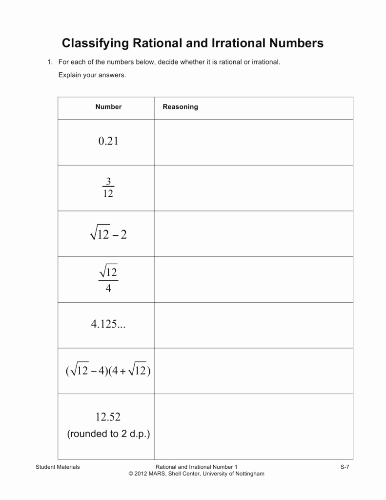 Rational or Irrational Worksheet New Rational and Irrational Numbers Worksheets the Best