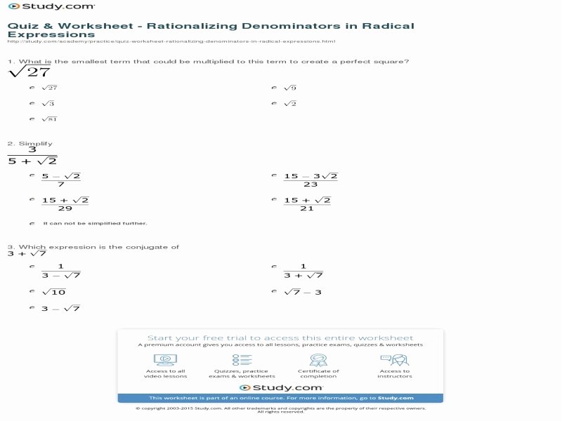 Rationalizing the Denominator Worksheet Luxury Quiz &amp; Worksheet Rationalizing Denominators In Radical