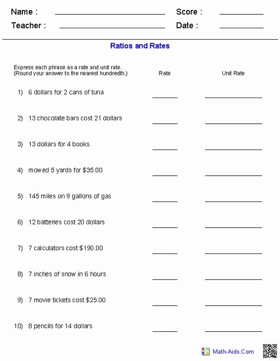 Ratios and Rates Worksheet New Rates and Unit Rates Worksheets