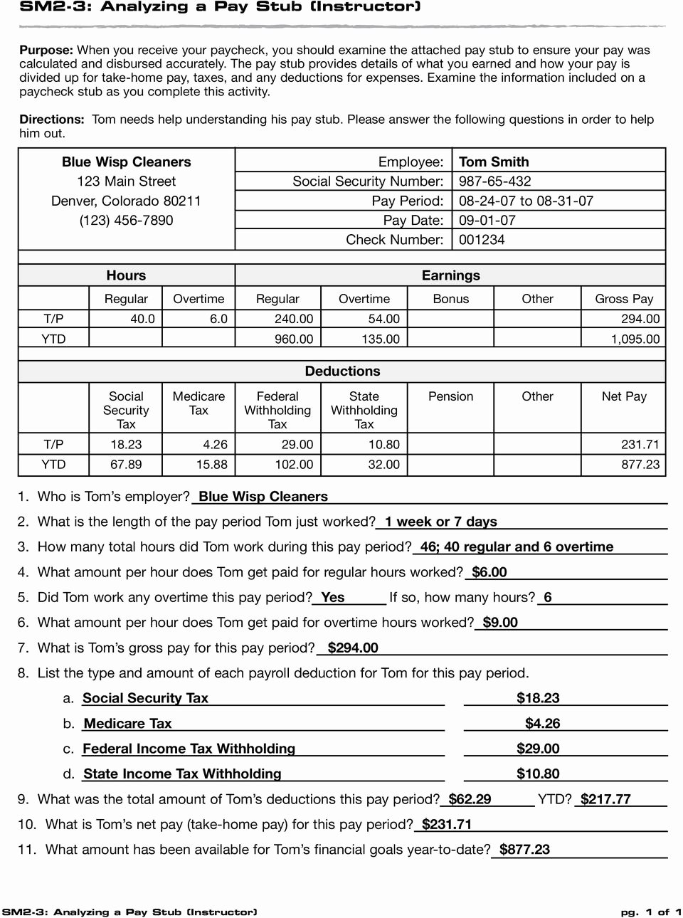 Understanding A Paycheck And Pay Stub Worksheet