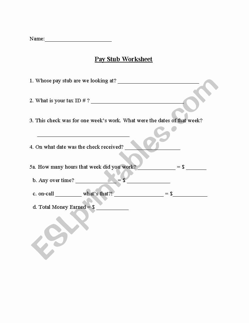 Reading A Pay Stub Worksheet New English Worksheets Pay Stub Worksheet