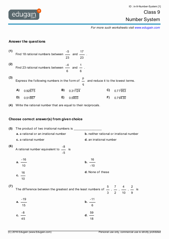 Real Number System Worksheet Fresh Class 9 Math Worksheets and Problems Number System