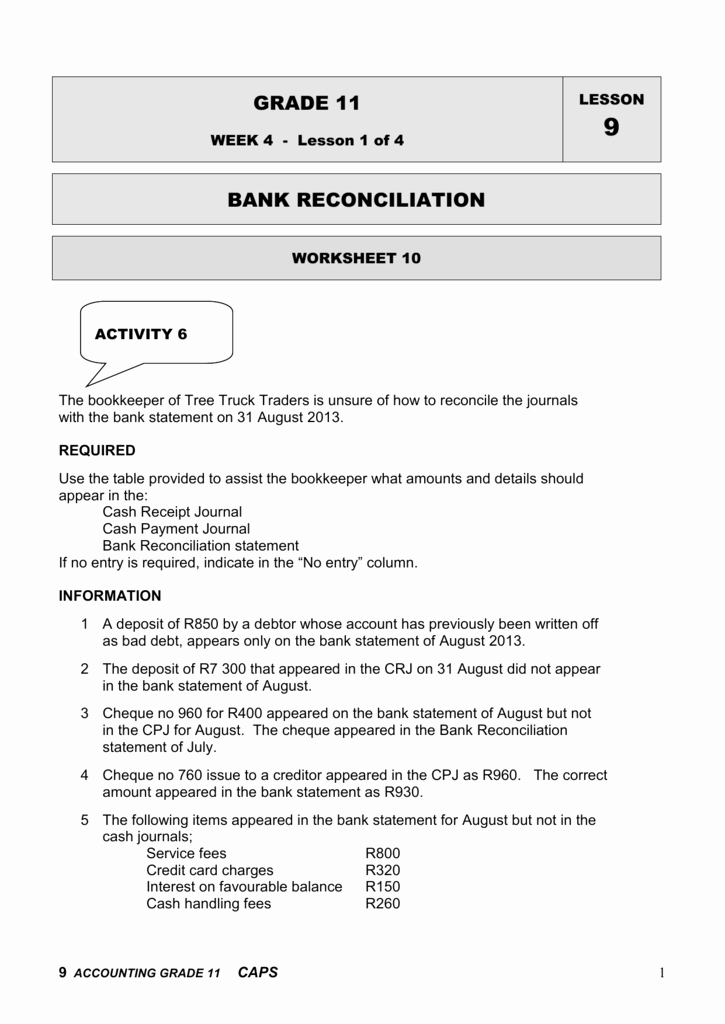 Reconciling A Bank Statement Worksheet Luxury Grade 11 Week 4 Lesson 1 Of 4 Lesson 9 Bank